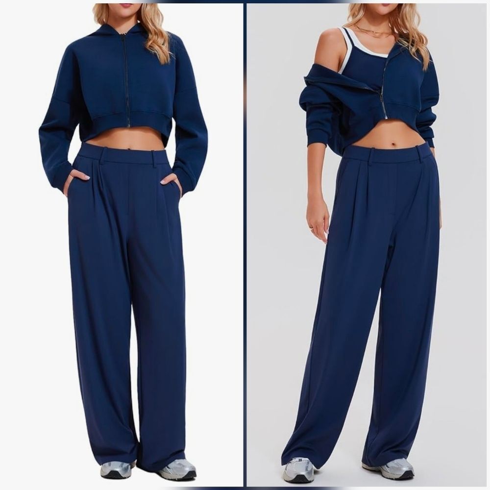 💬🩵🅰️NWT Blue Zipper Crop Hoodie & Wide Leg Pants Large - Picture 14 of 15